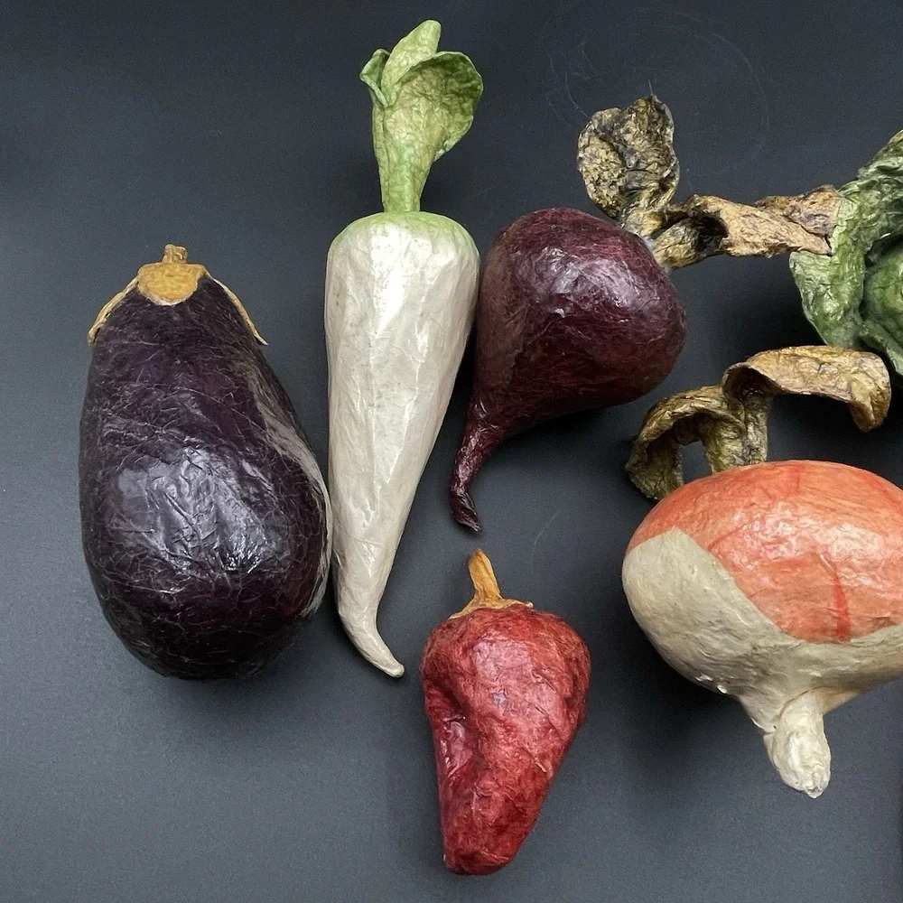 Vintage Paper Mache Vegetable Lot 7 Pc Eggplant Carrot Daikon Beet Cabbage Onion